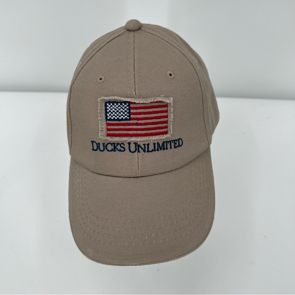 EUC Tan Embroidered Ducks Unlimited American Flag Adjustable Baseball Cap Hat